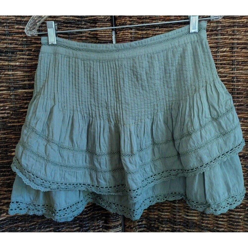 Free People Summer Nights Crochet Lace Ruffles Pintuck Mini Skirt Womens 0 Green